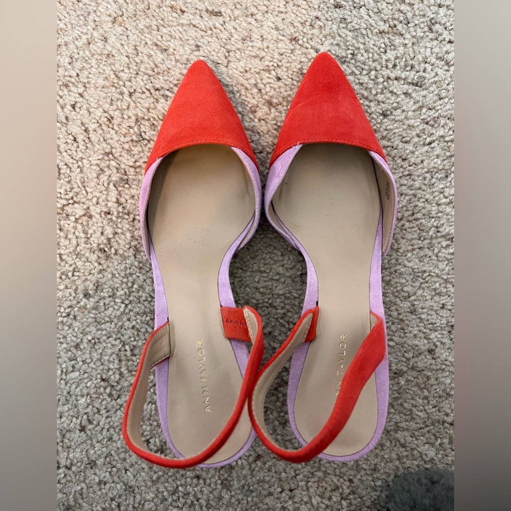 Ann Taylor Kerry Suede Slingback Pumps, Orange and Purple, size 7.5